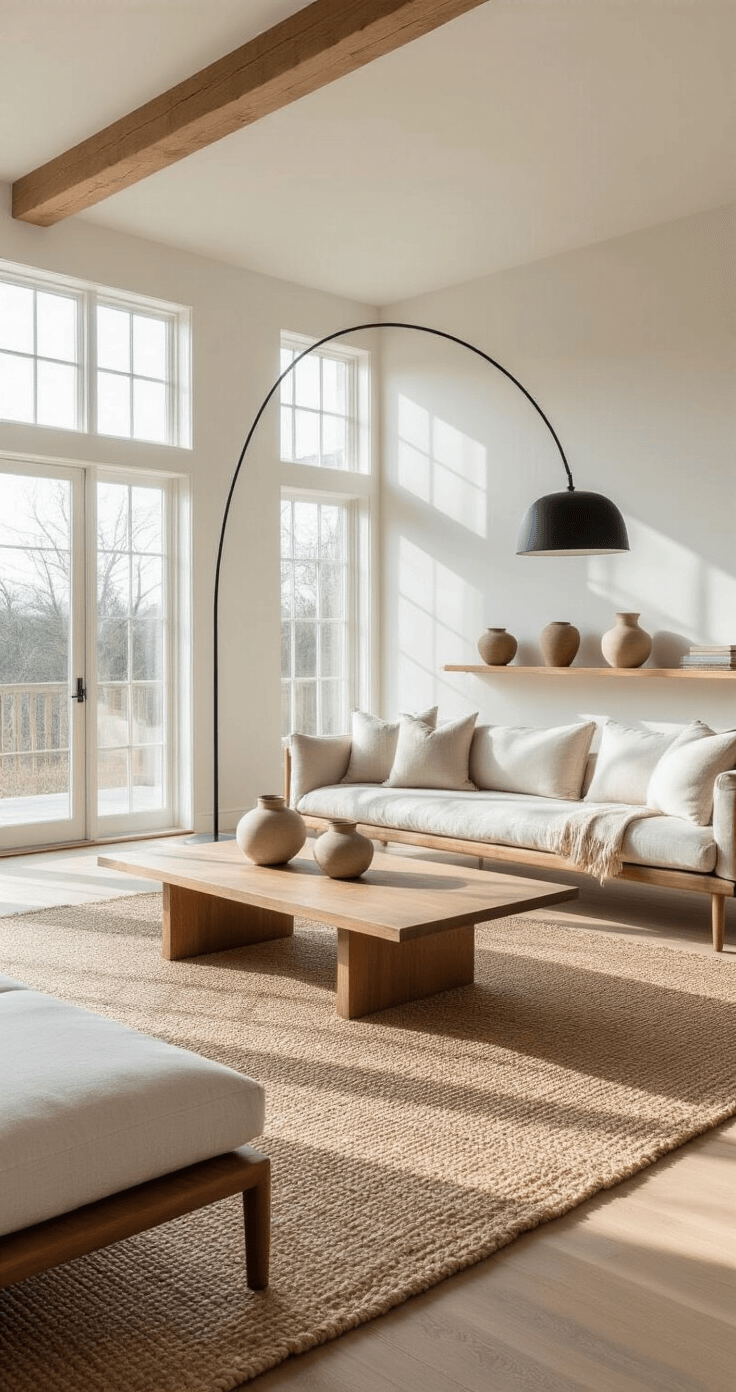 Japandi Living Room: The Ultimate Guide to Serene, Functional Design A spacious Japandi living room featuring a low-profile walnut sofa, oatmeal linen cushions, and a blonde wood coffee table on a textured jute rug, bathed in soft morning light from floor-to-ceiling windows, with minimal ceramic vessels on a floating shelf and warm wood architectural beams.