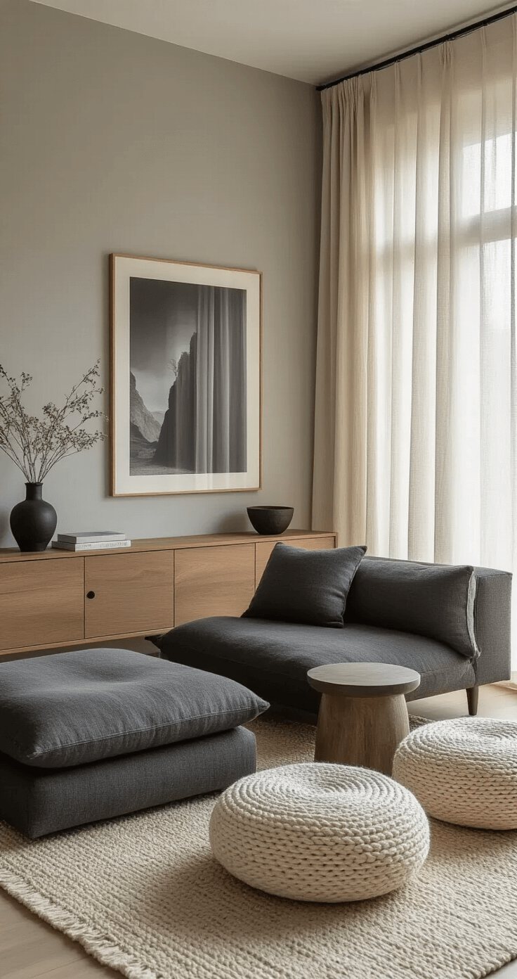 Japandi Living Room: The Ultimate Guide to Serene, Functional Design A serene Japandi sanctuary bathed in golden hour light, featuring a charcoal sectional, pale grey walls, a natural oak media console, and a cluster of cream wool floor cushions near a black metal side table, with an oversized black and white photograph on the wall, showcasing a harmonious blend of textures and warm shadows.