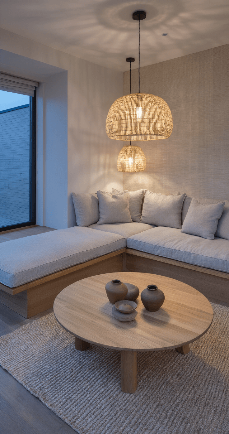 Japandi Living Room: The Ultimate Guide to Serene, Functional Design An intimate Japandi living space featuring a dove grey linen sofa, round teak coffee table, and a woven paper floor lamp, illuminated by gentle architectural pendant light during blue hour. Handcrafted pottery in earth tones and textured grasscloth wallcovering enhance the cozy atmosphere from an elevated perspective.
