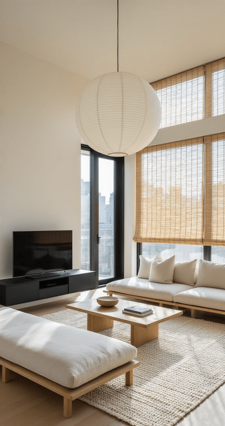 Japandi Living Room: The Ultimate Guide to Serene, Functional Design A sunlit corner living room in Japandi minimalism, featuring floor-to-ceiling windows with an urban view, a low-profile linen sofa, a sleek black media unit, and an oversized paper lantern pendant, complemented by bamboo roman shades and a cream and grey geometric wool rug, all captured at a dramatic angle with ethereal backlighting.
