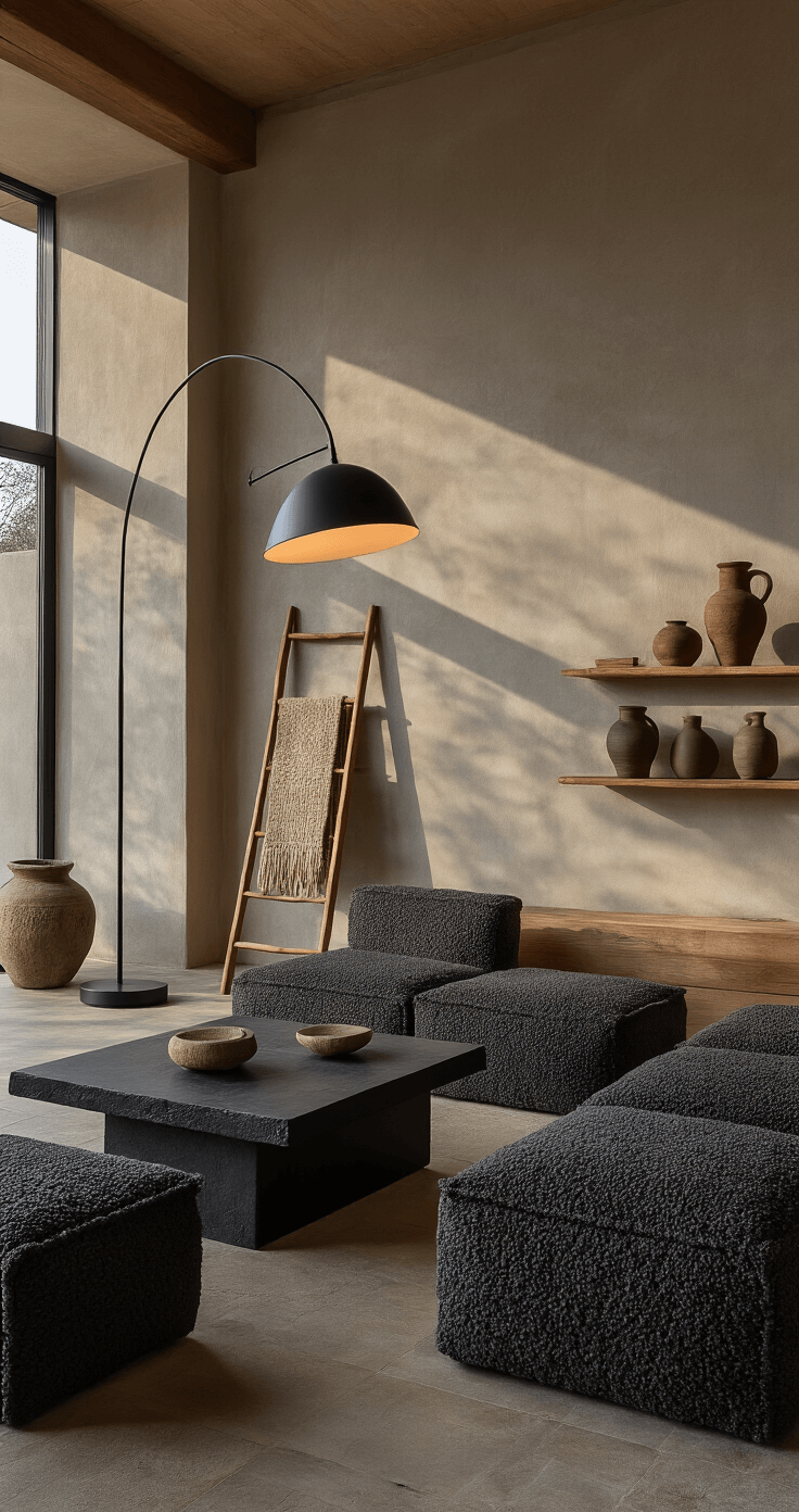 Japandi Living Room: The Ultimate Guide to Serene, Functional Design Moody Japandi den at dusk featuring sculptural floor lamp casting shadows on textured plaster walls, modular charcoal bouclé seating, black stone coffee table, vintage wooden ladder with handwoven textiles, and ceramic vessels on floating oak shelves, all shot from a low angle.