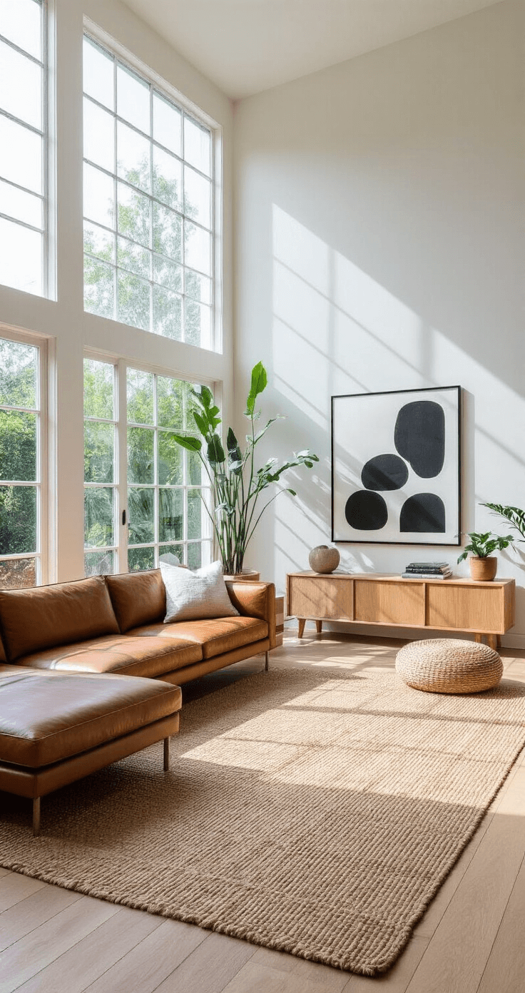 Japandi Living Room: The Ultimate Guide to Serene, Functional Design A spacious Japandi living room with large double-height windows, featuring a cognac leather sofa on an oversized jute rug, minimalist black and white art, potted plants, and a natural oak room divider, all illuminated by soft, diffused midday light.