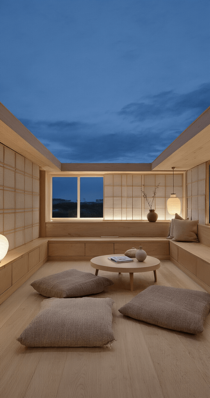 Japandi Living Room: The Ultimate Guide to Serene, Functional Design Compact Japandi living room at twilight featuring pale oak built-in storage, floor cushions around a low round table, paper lantern sconces for soft lighting, handmade ceramic decor showcasing wabi-sabi beauty, and textured linen panels filtering the evening light. Symmetrical composition with layered ambiance.