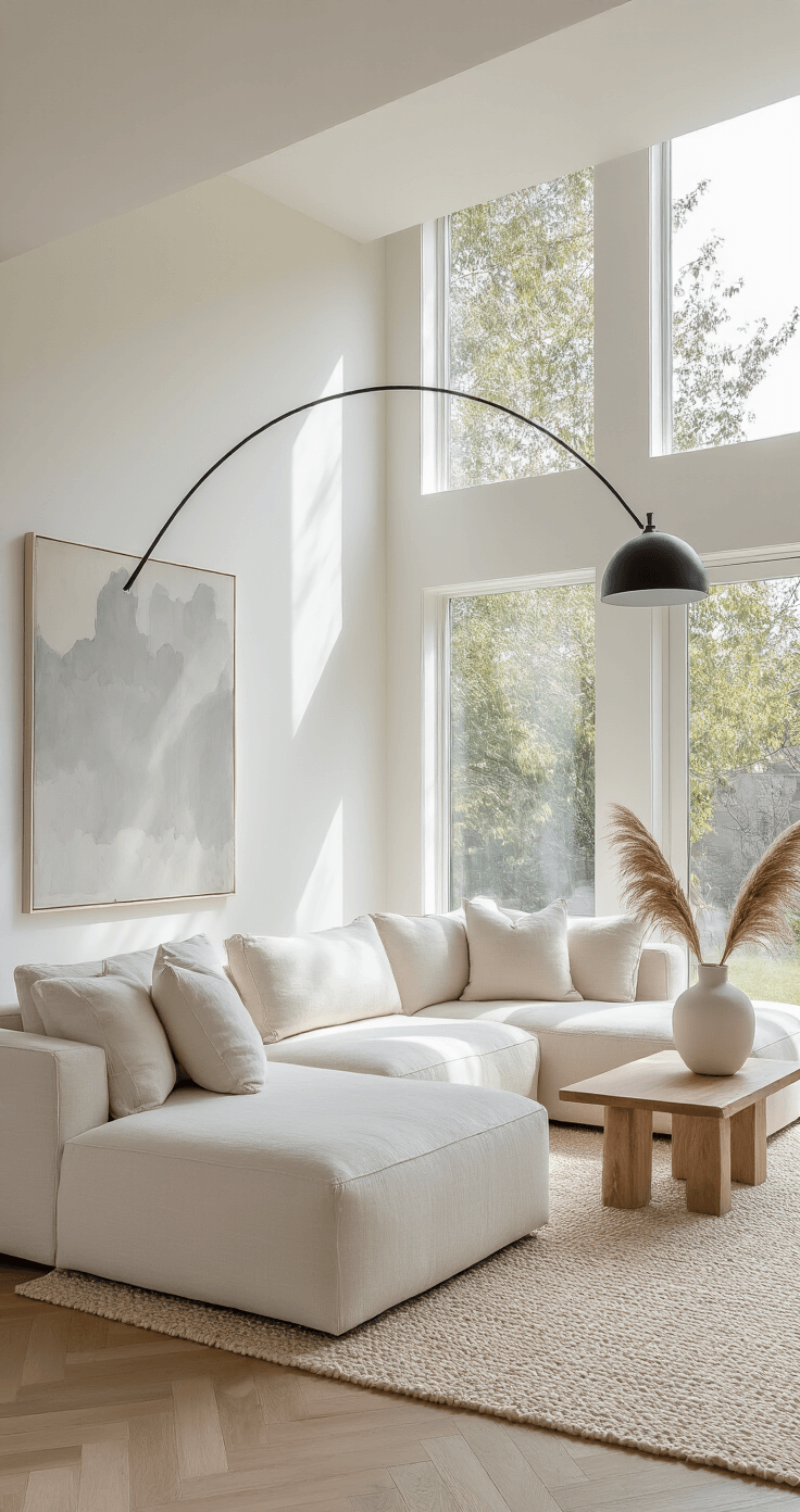 A minimalist living room with floor-to-ceiling windows, featuring a low-profile ivory linen sectional, an oversized abstract canvas in grays, bleached oak herringbone floors, a cream handwoven rug, and a matte black metal floor lamp, all illuminated by morning light.