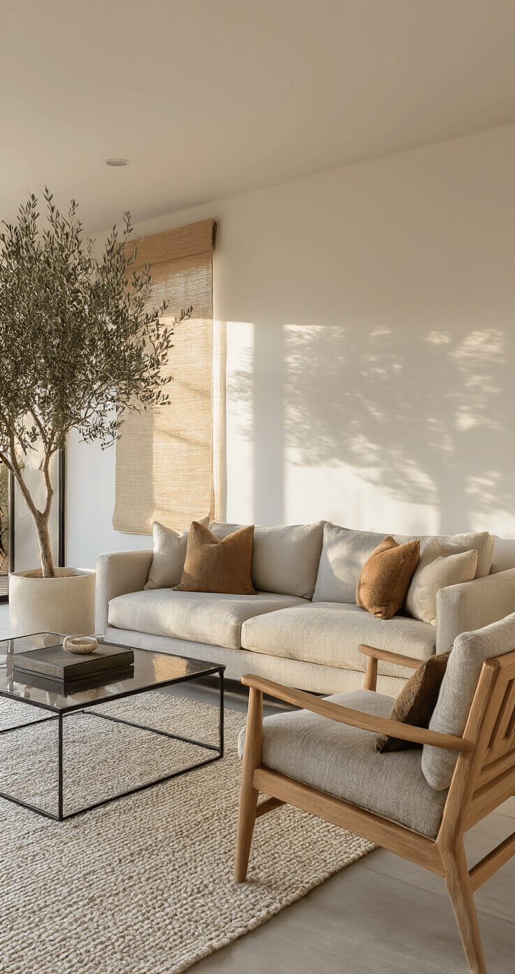 Modern living space with an architectural concrete accent wall and warm white walls, featuring a taupe bouclé sofa, teak armchair, and a floating black metal coffee table. The scene is illuminated by golden hour light, showcasing layered textures, a potted olive tree, and long shadows.