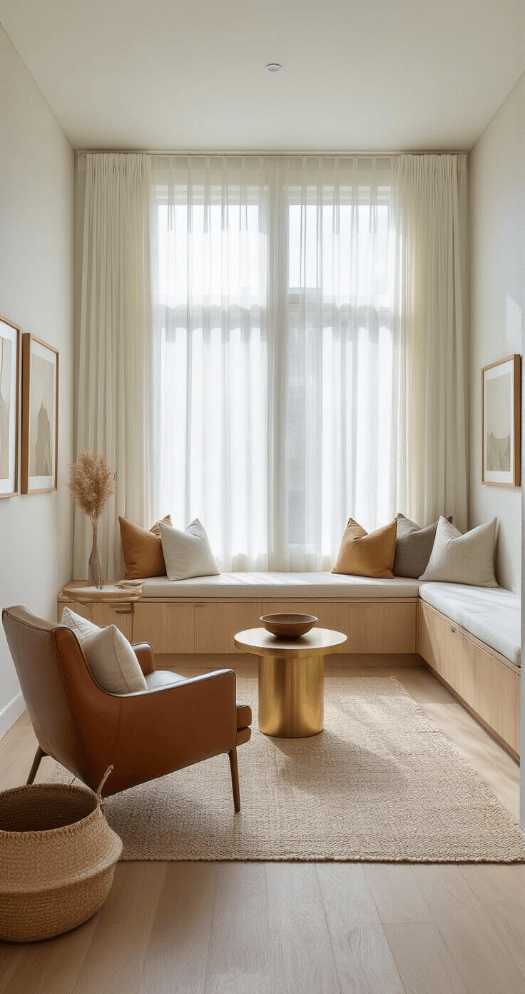 A compact urban living room with double-height windows and sheer white curtains, featuring pale ash wood built-in storage, a cognac leather accent chair beside a floating brass side table, and minimal oak-framed artwork, adorned with textural elements like a woven grass basket and linen throw pillows.