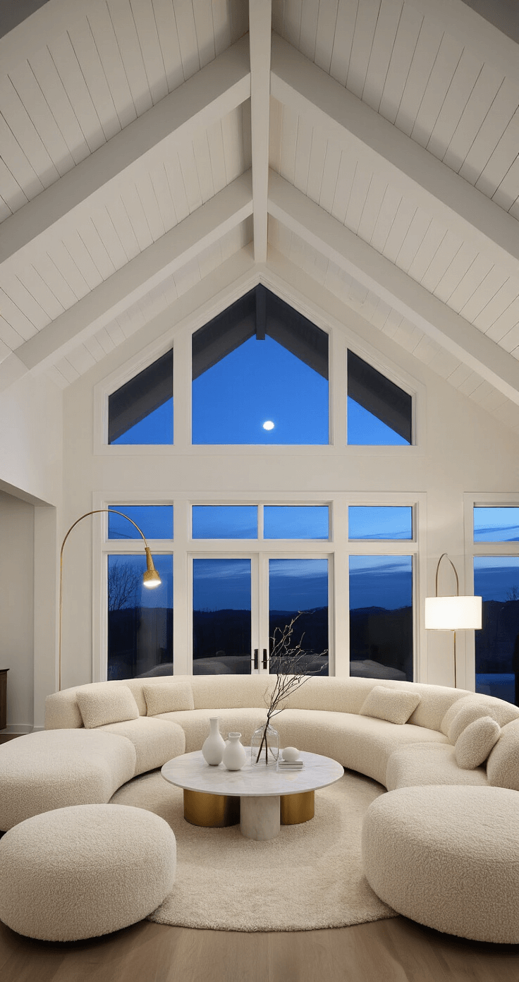 A minimalist living room at dusk featuring a curved cream bouclé sectional, round marble coffee table, and a brass floor lamp, with an oversized mirror reflecting the indigo sky. Exposed white beams and decorative white ceramic vessels enhance the airy atmosphere.