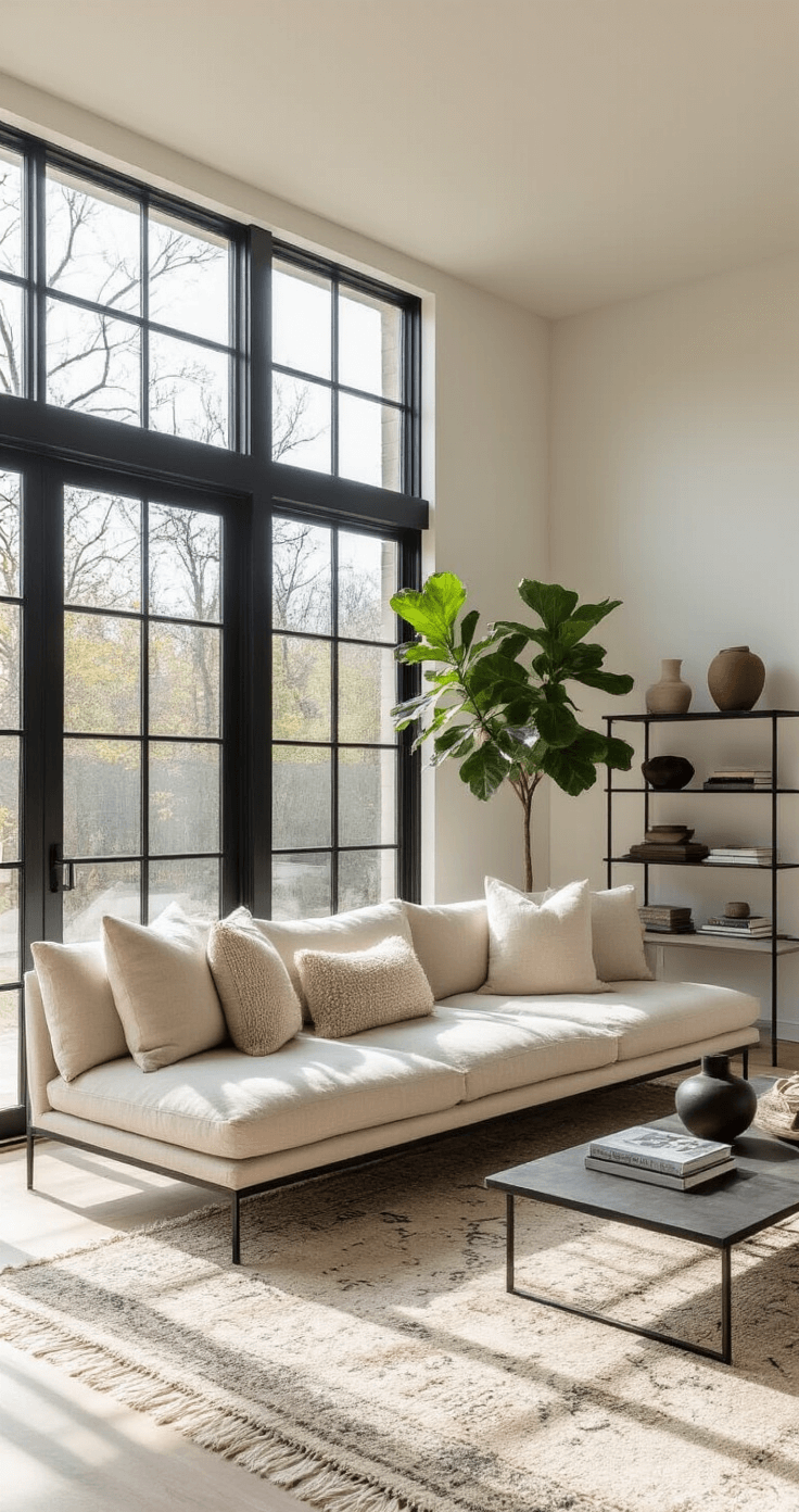 A sunlit corner living room featuring floor-to-ceiling windows, a low-profile oatmeal linen sofa, a vintage cream and gray Moroccan rug, minimalist black metal shelving displaying curated objects, and a fiddle leaf fig plant, captured with a 35mm lens showing reflections and textures.