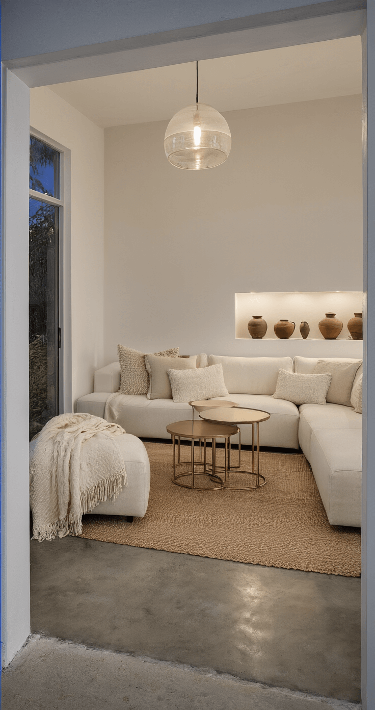 An intimate twilight living space featuring warm white plastered walls, concrete floors, and a modular cream sectional with brushed brass nesting tables, illuminated by a pendant light, with soft textures from a mohair throw and handwoven cushions, captured from the doorway.
