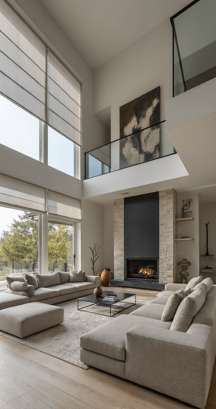 Open-concept living area with double-story windows, featuring automated linen shades, a floating staircase with glass balustrade, and a low-profile greige sofa facing a black steel and stone fireplace, styled minimally with an oversized art piece and earthenware vessels, captured from a mezzanine level.