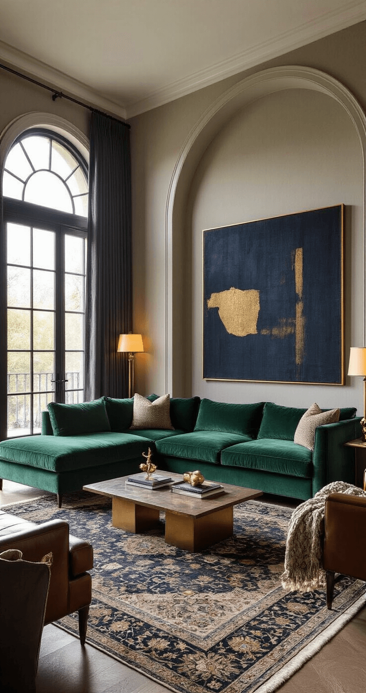 Creating a Moody Living Room: Your Ultimate Guide to Dramatic Home Design A luxurious living room featuring an emerald velvet sectional, brass floor lamps, and warm light filtering through sheer charcoal drapes, all set against charcoal grasscloth wallpaper and a large navy and gold abstract canvas. Layered vintage Persian rugs and burnished leather chairs enhance the moody sophistication of the space, captured in atmospheric lighting.
