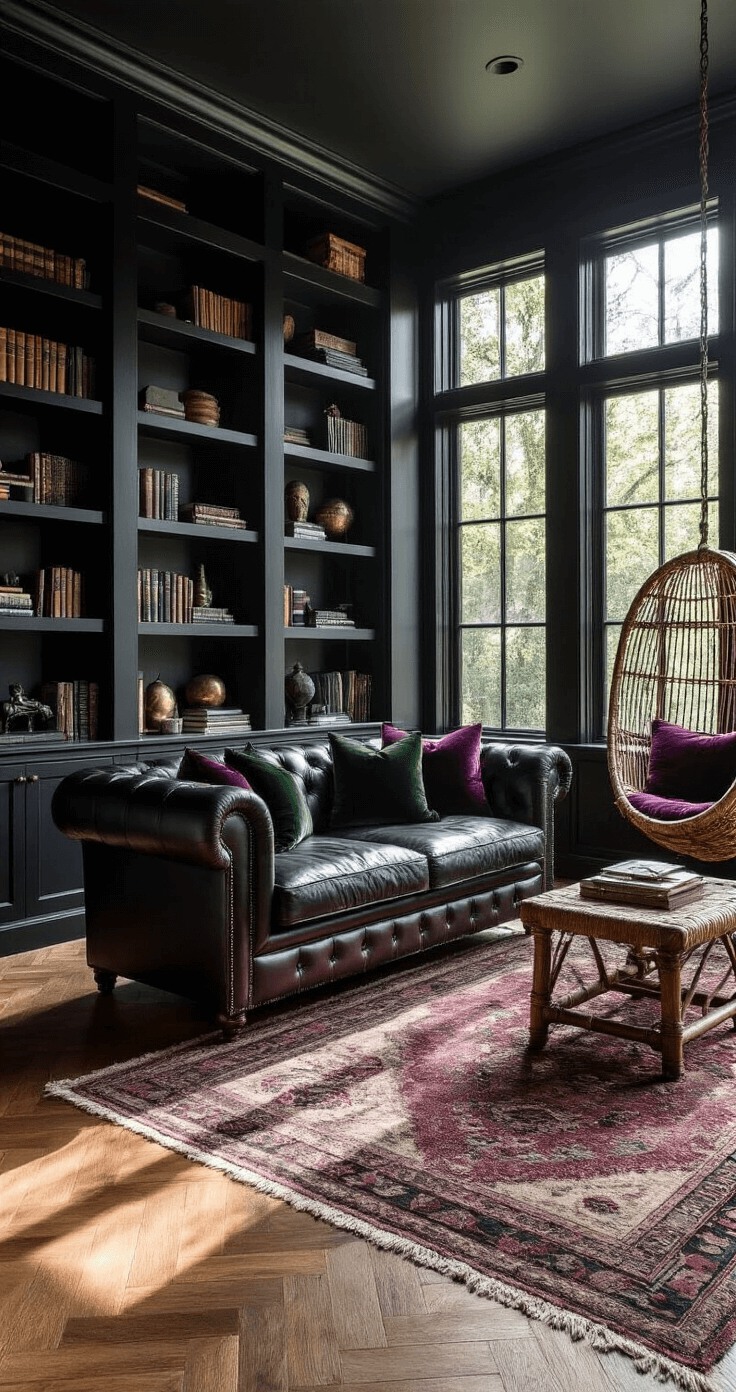 Creating a Moody Living Room: Your Ultimate Guide to Dramatic Home Design Intimate library-style living space featuring floor-to-ceiling matte black shelving, oversized black leather Chesterfield sofa with velvet pillows in deep plum and forest green, rattan hanging chair, weathered oak herringbone floors, layered tribal rugs, and mixed metallic objects, all illuminated by morning light and dramatic shadows.