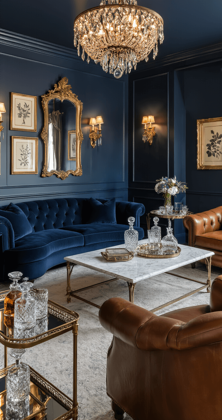 Creating a Moody Living Room: Your Ultimate Guide to Dramatic Home Design A luxurious vintage living room featuring deep navy crown molding, dusk lighting from antique brass sconces, and a striking crystal chandelier. A curved midnight blue velvet sofa and cognac leather club chairs surround a marble coffee table. The gallery wall showcases gilt-framed mirrors and botanical prints, while a vintage bar cart with cut crystal decanters adds elegance. The low camera angle highlights the ceiling height and moody ambient lighting.