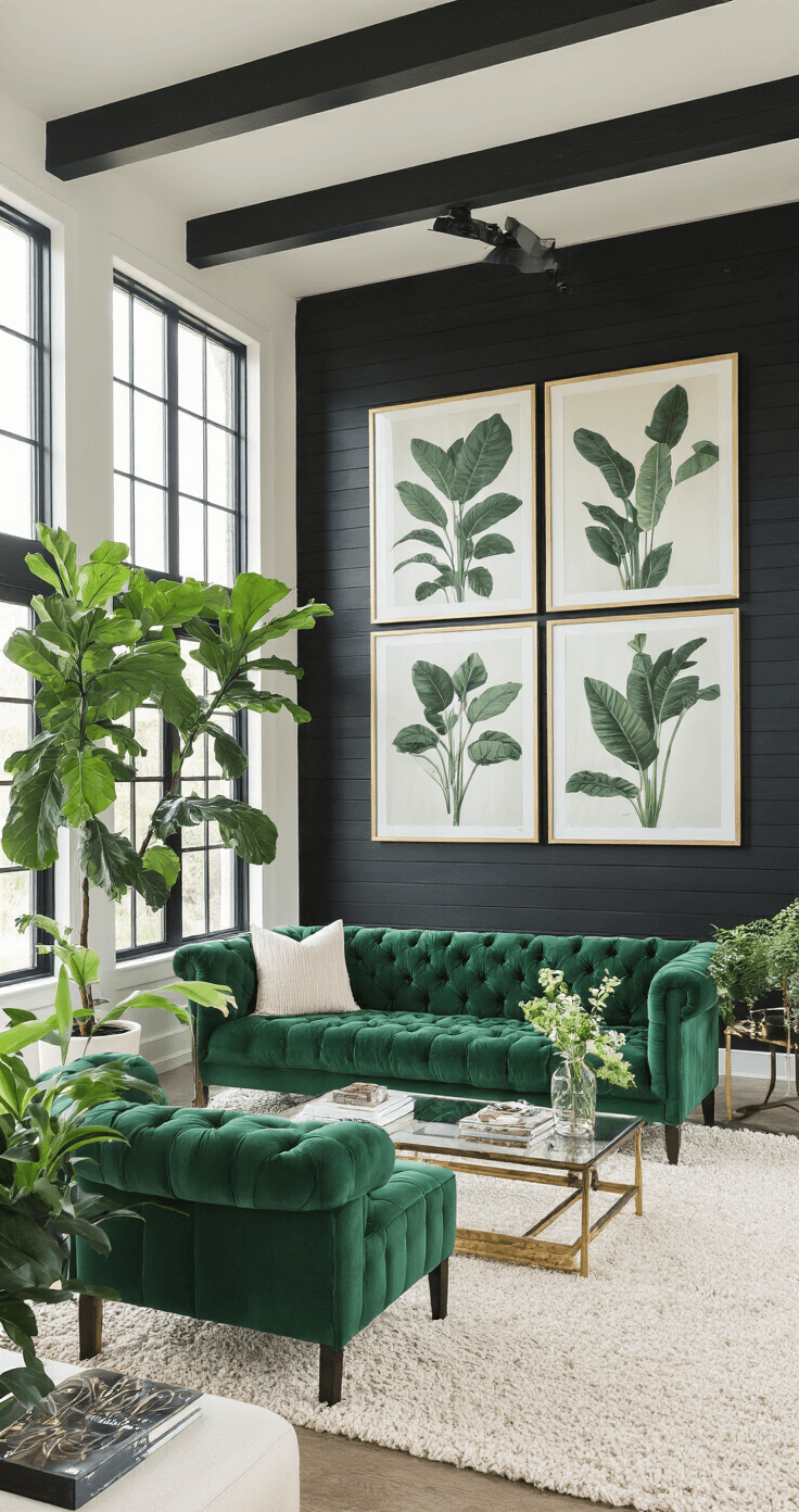 Creating a Moody Living Room: Your Ultimate Guide to Dramatic Home Design A contemporary open-concept living space featuring black-painted exposed beams, an emerald green tufted sofa on an ivory wool rug, and a brass and glass coffee table. Oversized fiddle leaf figs adorn the corners, while a black shiplap feature wall showcases large monochromatic botanical prints, all bathed in soft mid-morning light from floor-length windows.