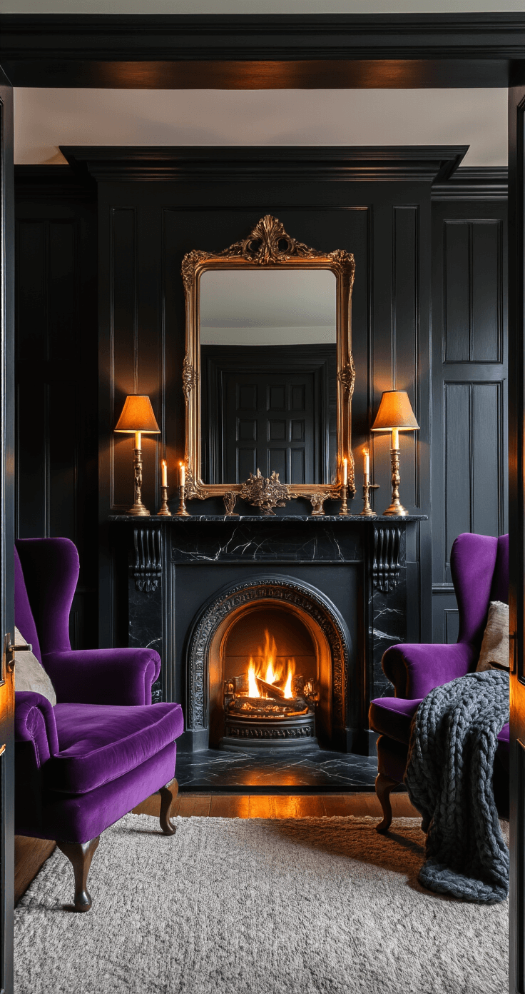 Creating a Moody Living Room: Your Ultimate Guide to Dramatic Home Design A cozy modern gothic sitting room with black-paneled walls, a restored Victorian fireplace, purple velvet wingback chairs, and amber table lamps, illuminated by firelight and warm lamp glow, featuring a smoky mirror and chunky cable-knit throws.