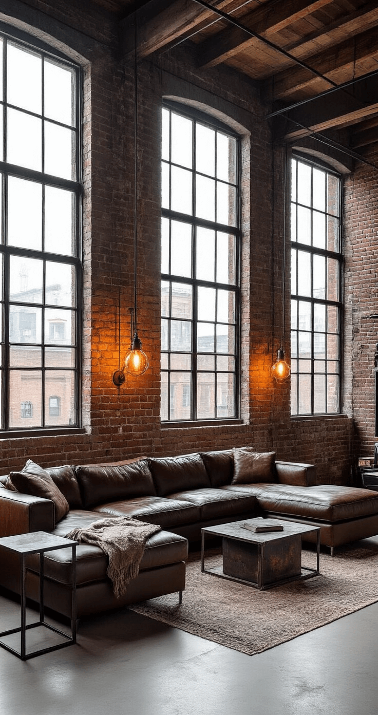 Creating a Moody Living Room: Your Ultimate Guide to Dramatic Home Design A spacious loft-style living area featuring dark charcoal exposed brick walls, industrial windows, a deep brown leather sectional, distressed metal side tables, vintage factory light lamps, raw wood beams, and smooth concrete floors, all enhanced by natural light and artificial fill, showcasing high ceilings and industrial design elements.