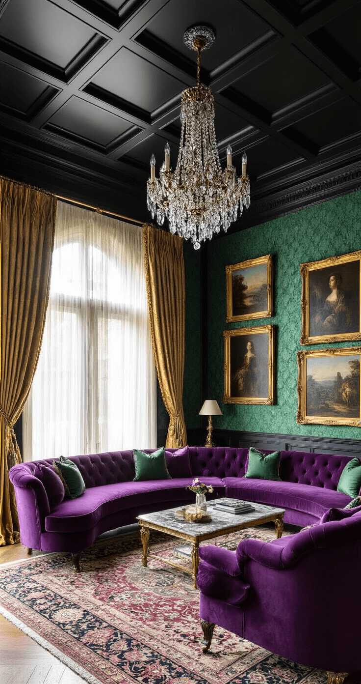 Creating a Moody Living Room: Your Ultimate Guide to Dramatic Home Design Maximalist living room featuring a black coffered ceiling and emerald silk wallpaper, illuminated by golden hour light through damask curtains. A curved purple velvet sofa and matching love seat face each other, separated by brass and marble tables. Gallery walls are filled with vintage oil paintings in ornate frames, beneath a central crystal chandelier. A Persian rug layers over a deep pile carpet, with a low angle perspective emphasizing ceiling details and dramatic side lighting.