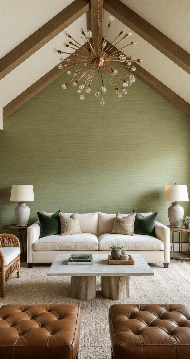 Intimate living space featuring a plush ivory velvet sofa against sage green grasscloth wallpaper, with vaulted exposed wooden beams. Captured in mid-morning light, the scene includes a sputnik chandelier, ceramic table lamps, leather ottomans, woven rattan chairs, and a marble coffee table, all highlighting rich earth tones and emerald brass accents.