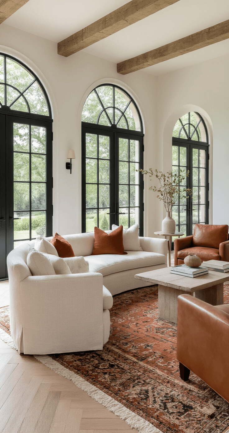 Bright midday light fills an 18x18ft sanctuary-like room, featuring three sets of French doors, white oak herringbone floors, black-framed windows, a curved cream sofa, cognac leather chairs, layered vintage rugs, and mixed throw pillows in rust and terracotta, all viewed from a bird's eye perspective with an oversized mirror reflecting warmth.