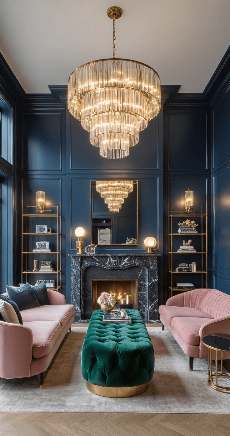 A luxurious living space featuring high-gloss navy walls and velvet furnishings in blush and emerald, illuminated by a dramatic pendant lighting cluster. Brass étagères showcase art and books, while a marble fireplace with an antiqued mirror above adds elegance. The low-angle shot emphasizes the height of the room and the rich jewel tones with metallic accents during blue hour.