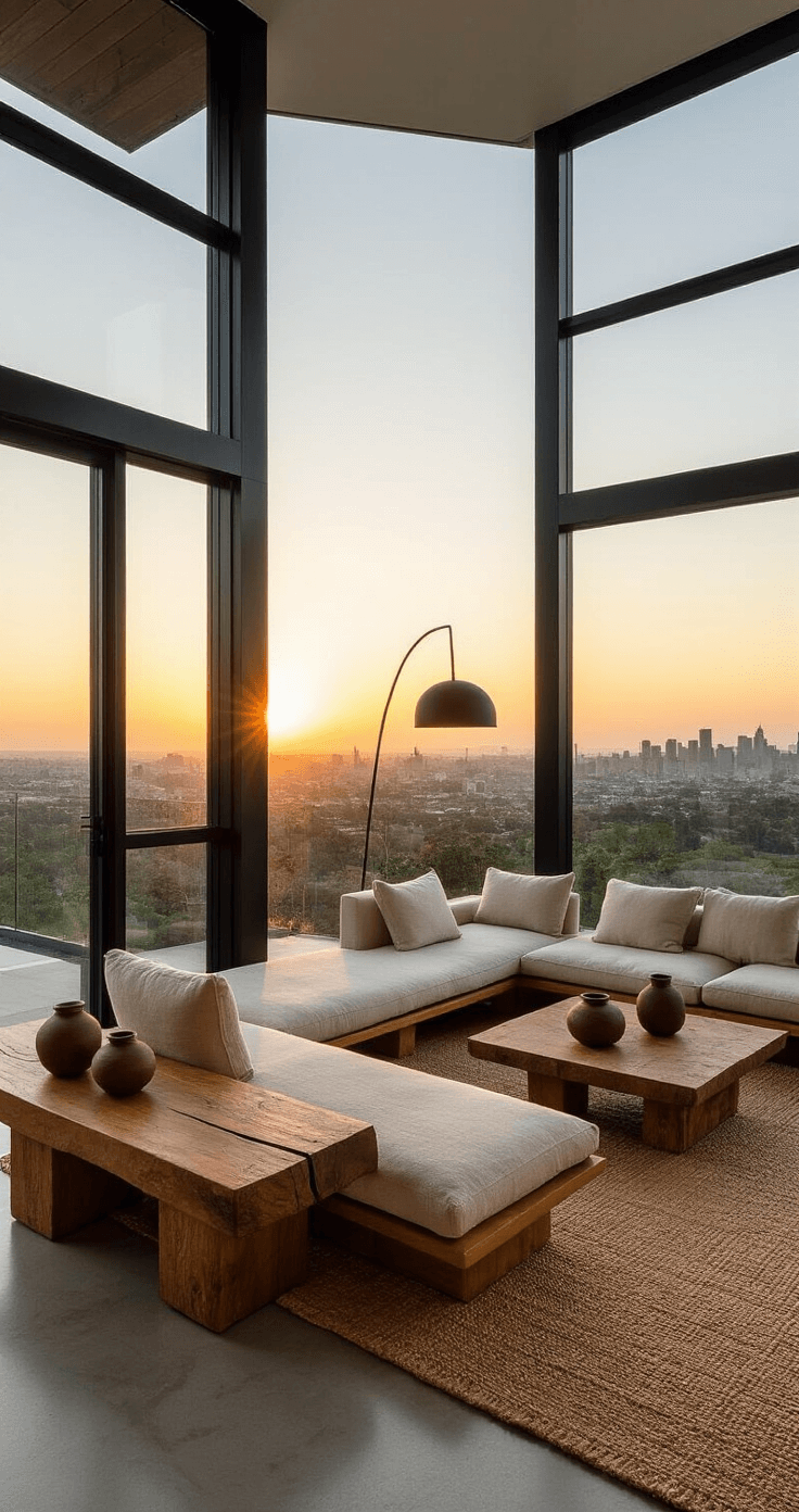A cozy corner living room featuring floor-to-ceiling windows with city views at sunset, showcasing oatmeal linen seating, handcrafted ceramic side tables, a sculptural floor lamp, a live-edge wood console with decorative vessels, and a jute rug over concrete floors, emphasizing natural materials in warm neutrals with black accents.