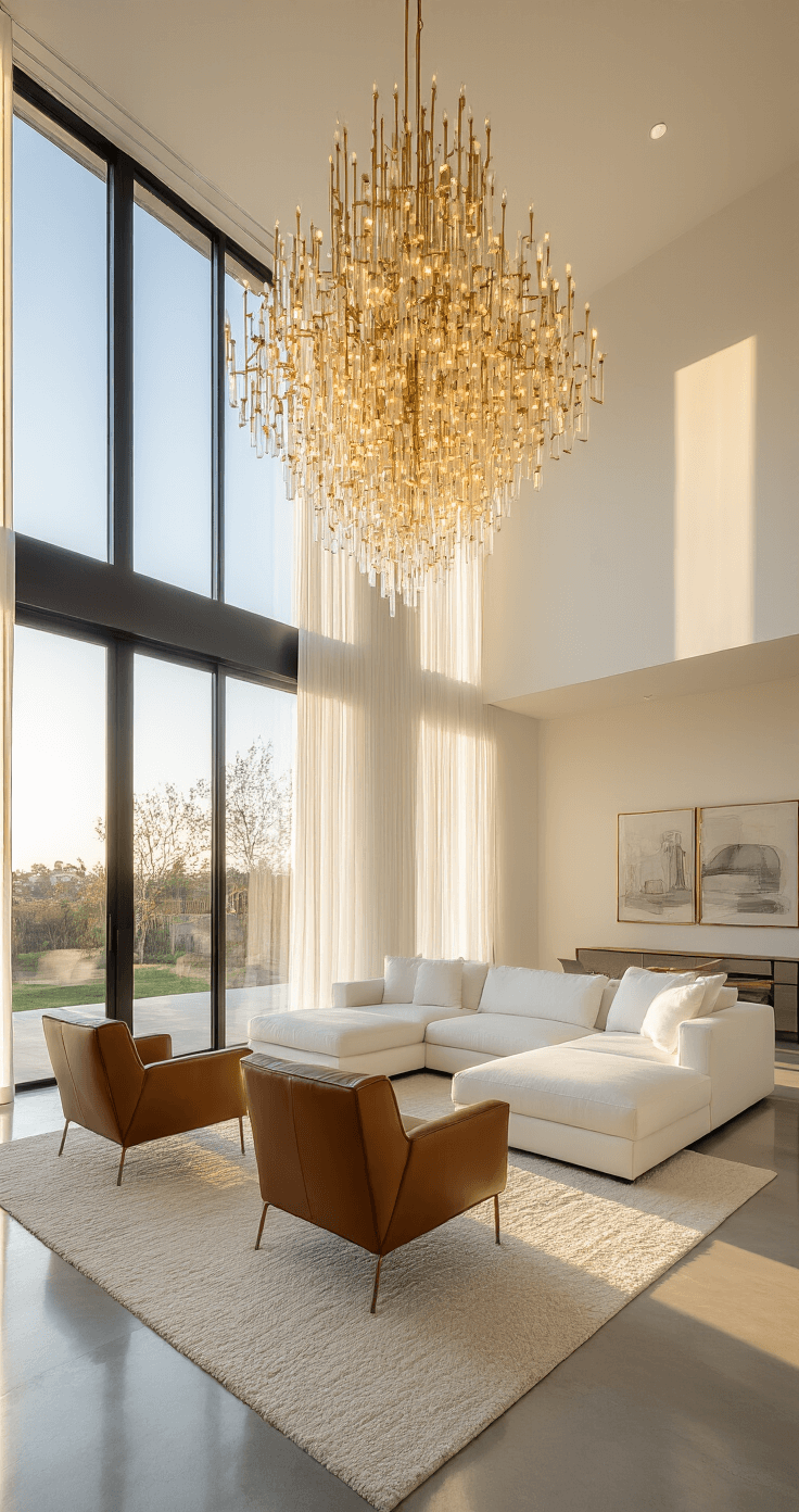 A dramatic double-height living room at golden hour, featuring a modern minimalist design with floor-to-ceiling windows, a white sectional, cognac leather accent chairs, a brass chandelier, and polished concrete floors, captured from the entrance with a wide-angle perspective.