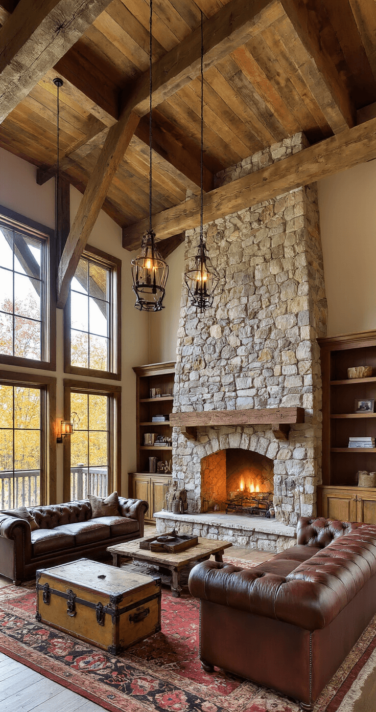 A rustic double-height great room featuring exposed reclaimed wooden beams and a massive stone fireplace. An oversized brown leather Chesterfield sofa and a vintage trunk coffee table are centrally located, with oak shelving on either side. Wrought iron pendant lights hang at different heights, and the space is filled with a rich autumn color palette of deep reds and burnt oranges. The mezzanine perspective captures layered textures and architectural details, with moody lighting highlighting the wooden elements.