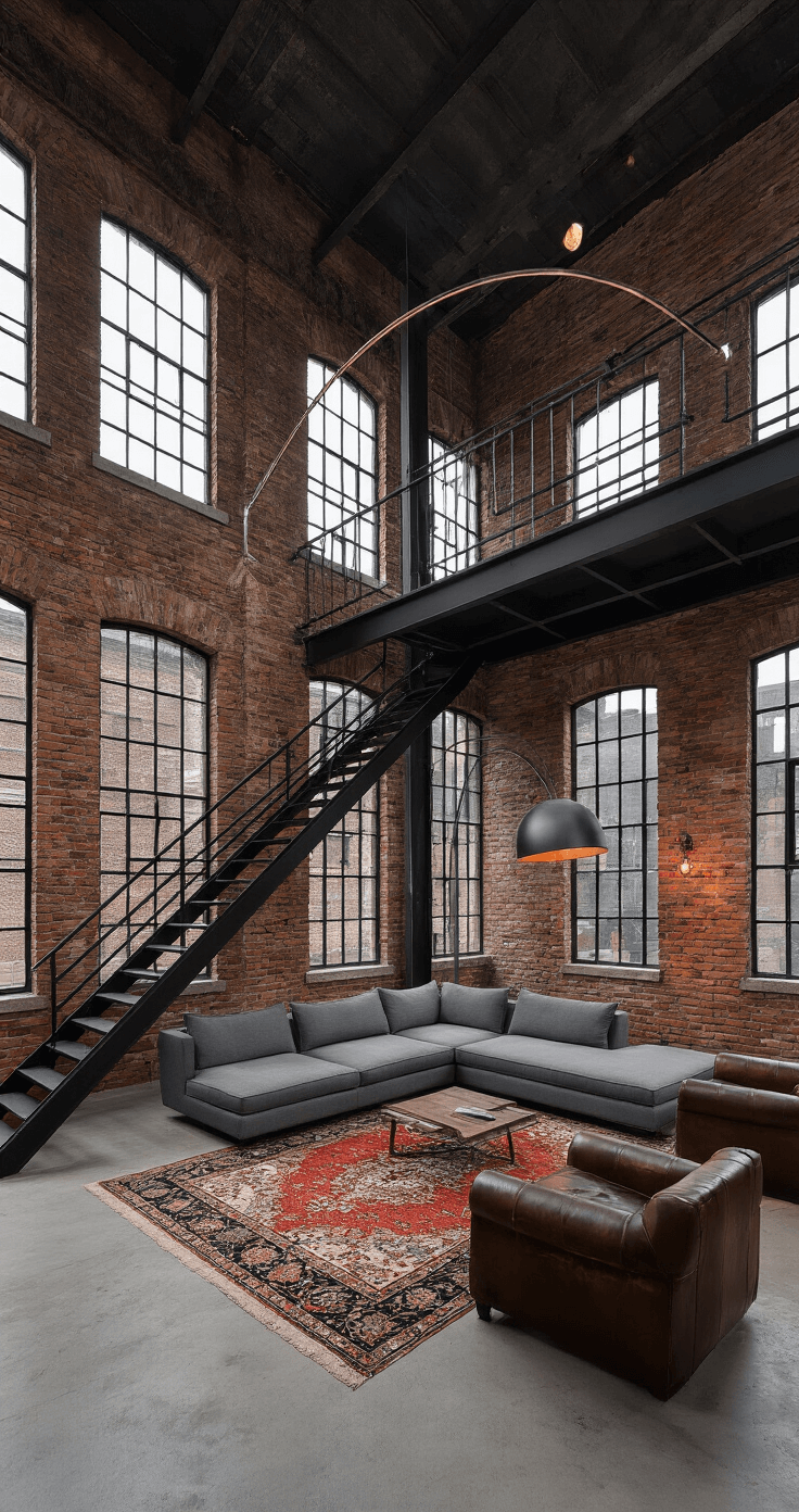 Industrial chic loft living space at dusk featuring 18ft ceilings, restored brick walls, large factory windows, and a black steel staircase leading to a floating mezzanine, with a contemporary gray sectional, distressed leather armchairs, and an oversized arc floor lamp, all set against concrete floors softened by a vintage Persian rug.