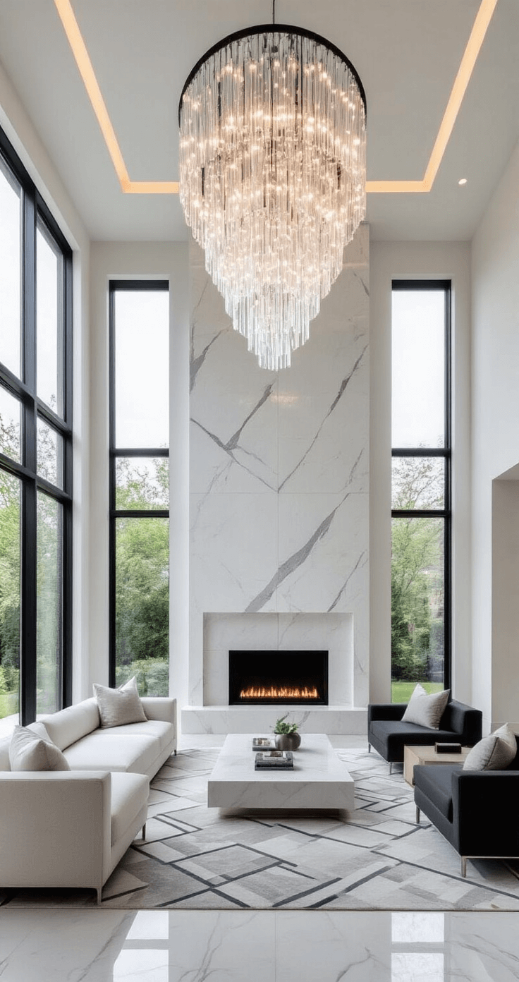A contemporary double-height living room with 22ft ceilings, featuring sleek white walls, geometric black window frames, a floating white marble fireplace with hidden LED lighting, low-profile gray and black Italian furniture, a multi-tier glass chandelier, and marble floors adorned with geometric rugs, all captured straight-on to highlight the room's symmetry and architectural precision.