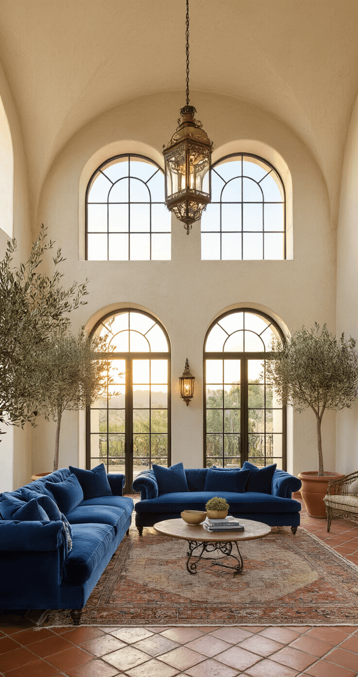 A stunning double-height Mediterranean-inspired interior with 26ft ceilings, featuring arched windows, cream-colored plastered walls, rich blue velvet sofas, vintage brass pendant lights, terra cotta floors, and potted olive trees, all bathed in warm, golden sunset lighting.