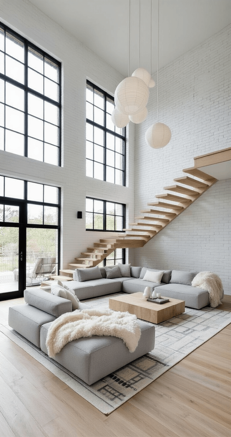 A bright Scandinavian living area featuring a double-height ceiling with clerestory windows, pale wood floating staircase, light gray seating with sheepskin throws, and paper pendant lights, all set against white-painted brick walls and bleached oak floors adorned with Nordic rugs.