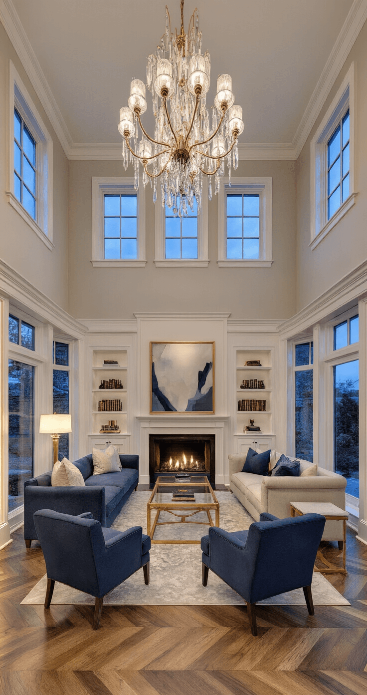 A stunning double-height great room at twilight, featuring soft greige paneled walls, two-story bay windows, and a crystal chandelier over a sophisticated seating arrangement of navy blue upholstery and brass accents. Herringbone hardwood floors are complemented by silk area rugs, while built-in bookcases and a gas fireplace complete the elegant ambiance, all captured from the entrance.