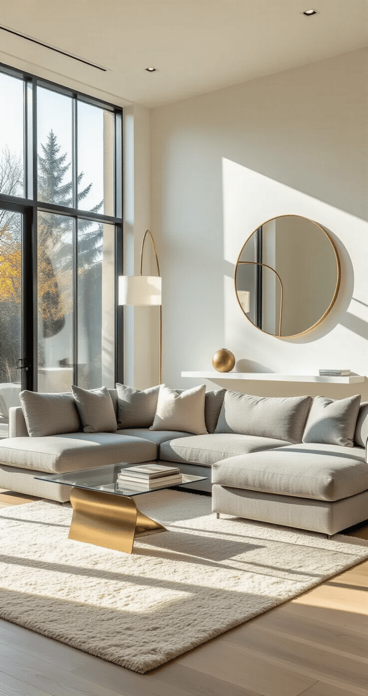 A bright contemporary living room with a large gray linen sectional, brass mirror on a white wall, a glass coffee table, and a textured cream rug, illuminated by morning sunlight through floor-to-ceiling windows.