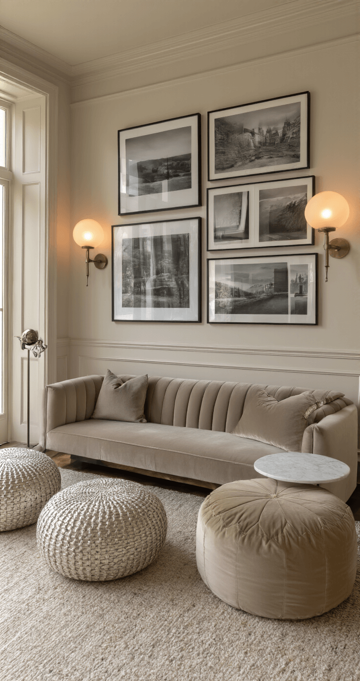 A cozy 10x12ft living space in warm ivory and taupe tones, featuring a greige velvet sofa, a gallery wall of black and white photographs, wall-mounted sconces, a sleek entertainment unit, metallic poufs, and a round marble side table, all illuminated by golden hour light.
