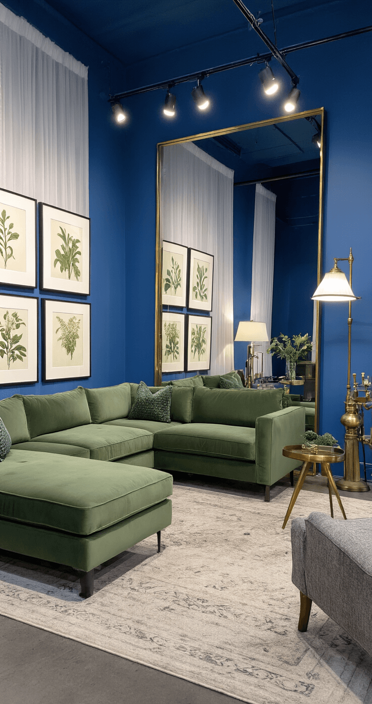 A stylish 13x15ft room featuring a sage green L-shaped velvet sectional, dramatic floor-to-ceiling mirror, modern track lighting highlighting botanical prints, mixed metallic accents, sheer curtains, and a vintage brass floor lamp, all captured during blue hour for an atmospheric effect.