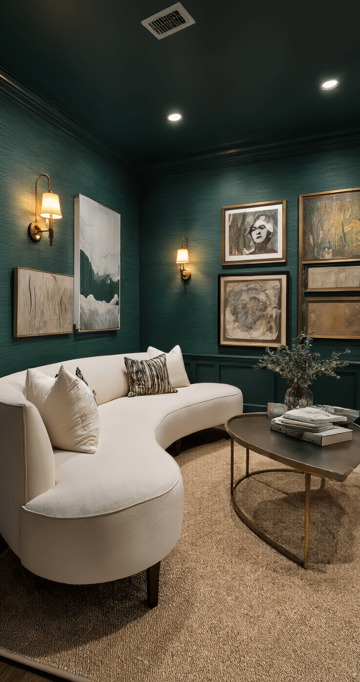 A cozy twilight interior featuring a deep emerald accent wall, a curved cream sofa, warm light from brass sconces, textured grasscloth wallpaper, and a gallery of mixed media artworks.
