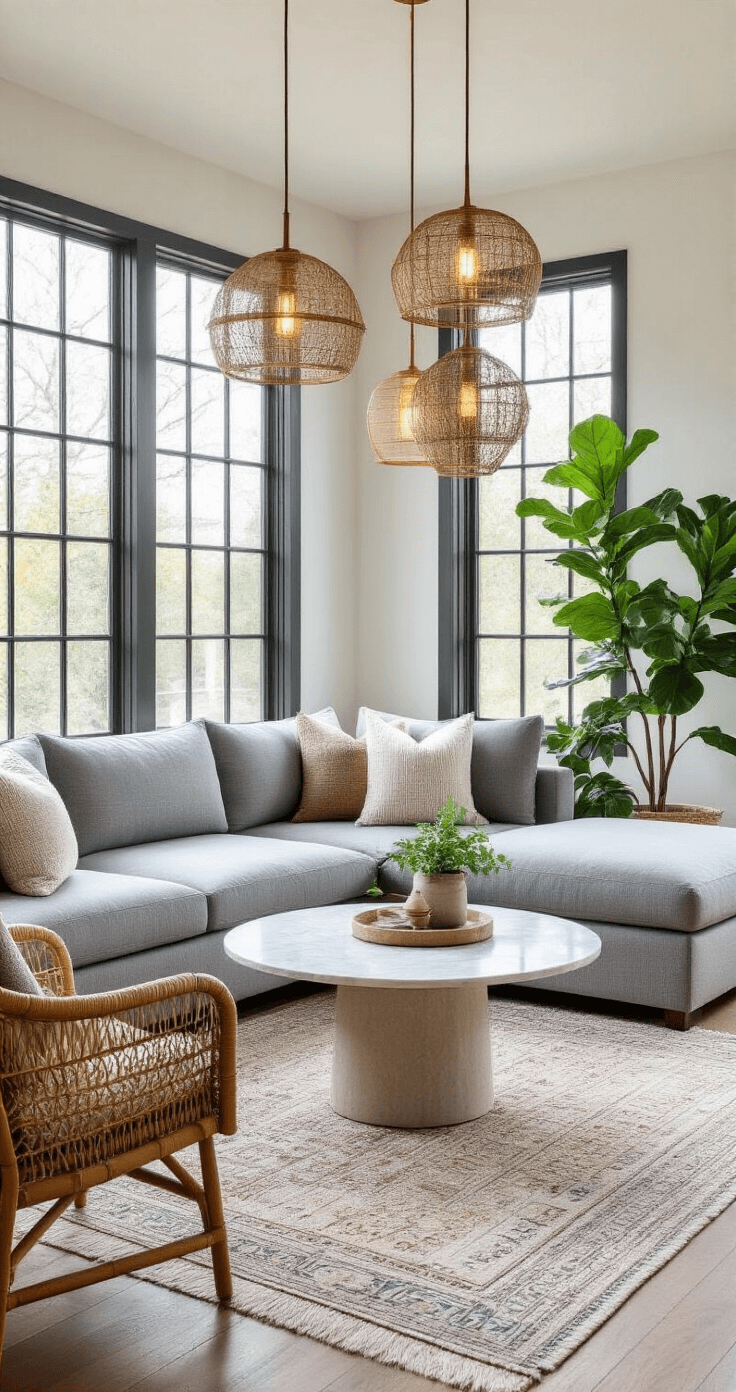 A bright 11x14ft room featuring steel-framed windows, a gray modular sectional, a round marble coffee table, and a woven rattan accent chair, with geometric brushed brass pendant lights and layered neutral rugs, enhanced by potted fiddle leaf figs.