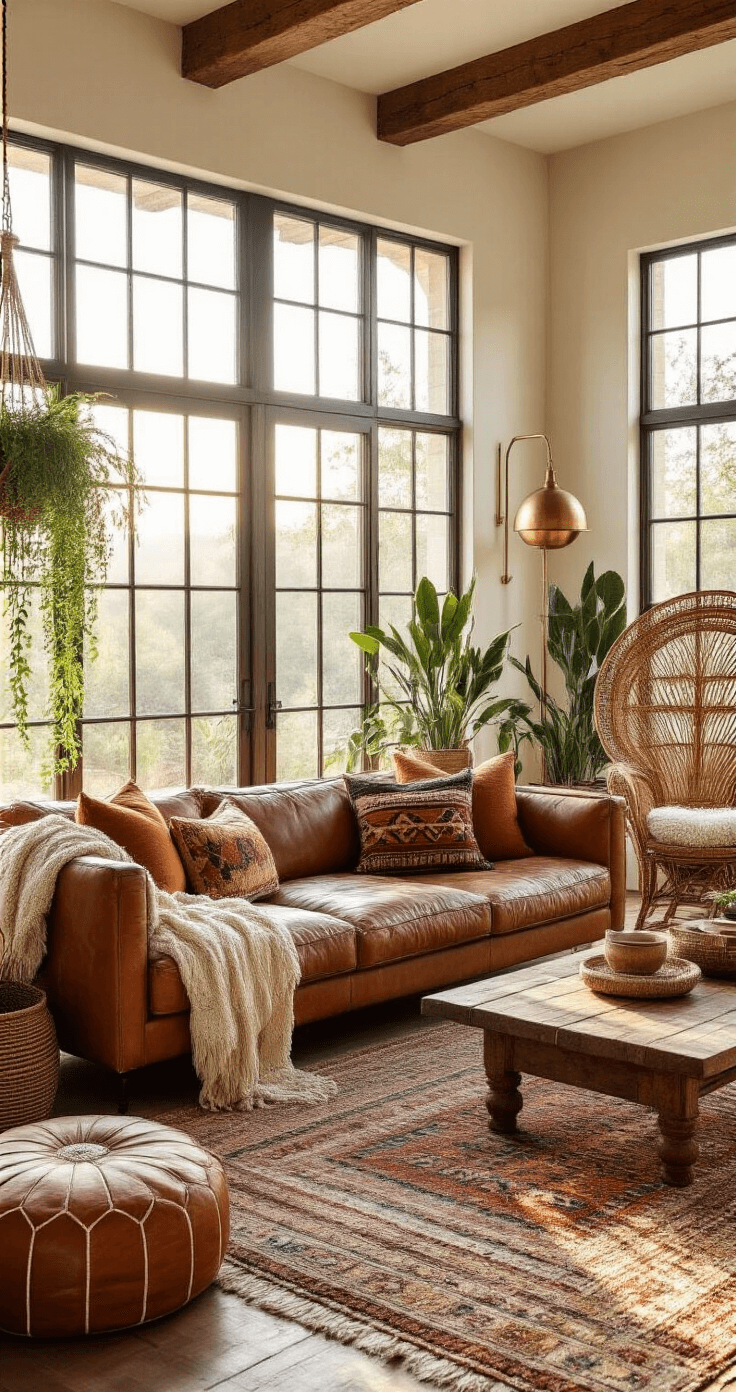 A sunlit boho living room with a vintage leather sofa, colorful kilim pillows, layered rugs, a rattan chair, and abundant plants, all captured at golden hour through large windows.