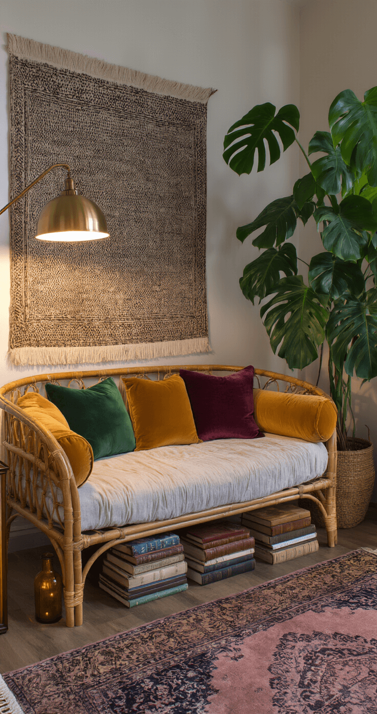 Intimate boho reading nook at dusk featuring a curved rattan daybed with colorful vintage cushions, a large monstera plant casting shadows from a brass floor lamp, a handwoven tapestry, a distressed Turkish rug, and stacked leather-bound books on a reclaimed wood shelf with amber glass lanterns providing warm lighting.