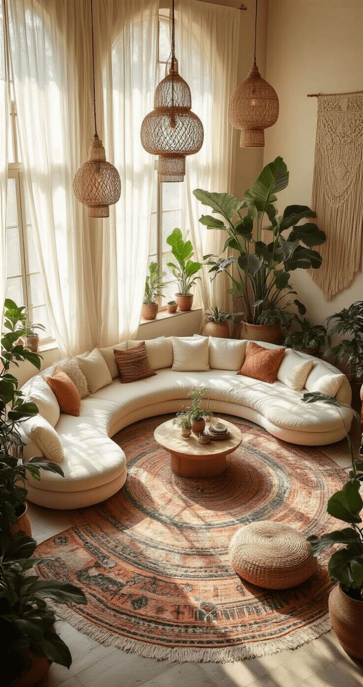 A bohemian sanctuary with morning light filtering through gossamer curtains, featuring a circular conversation pit with a cream bouclé sofa, vintage Moroccan rugs, ceramic planters with fiddle leaf figs, a macramé wall installation with copper threading, and asymmetrical rattan pendant lights at varying heights.