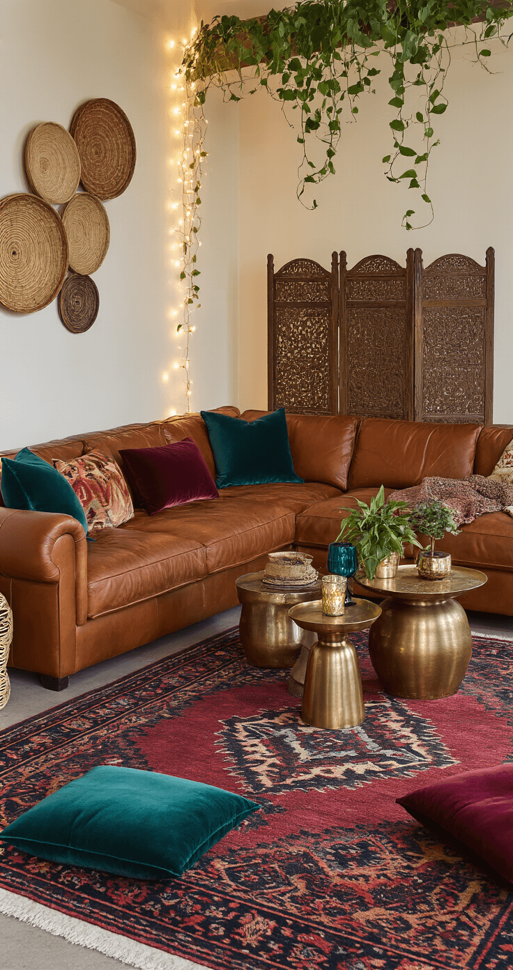 A cozy boho den featuring a vintage cognac leather sectional, an overdyed Persian rug in jewel tones, a cluster of colored glass-top brass side tables, handwoven wall baskets in a spiral formation, string lights intertwined with pothos plants, and velvet floor cushions in deep teal and burgundy, all illuminated by soft twilight.