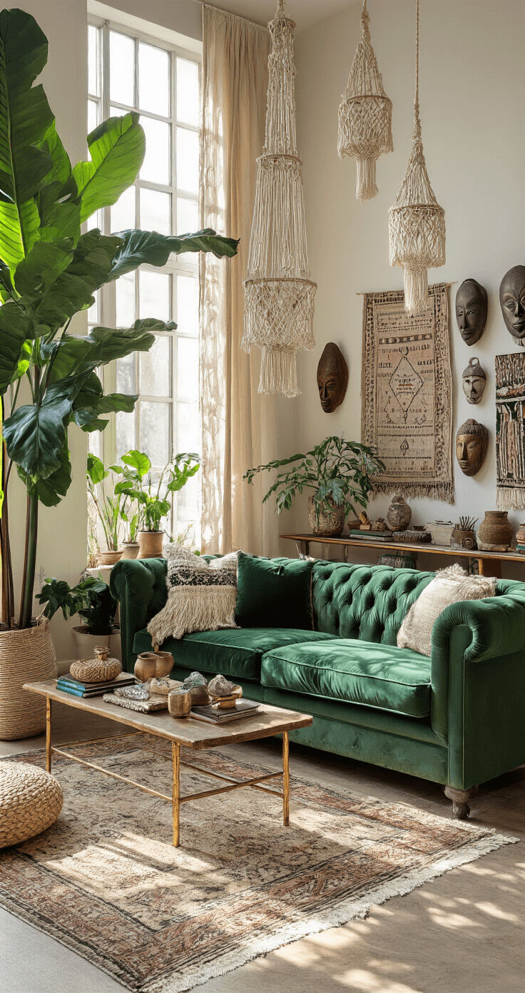 Dramatic wide shot of a double-height boho living space featuring a green velvet Chesterfield sofa, towering fiddle leaf figs, macramé plant hangers, a layered vintage rug, a gallery wall of tribal masks and textile art, and a brass étagère with ceramics and crystals, all illuminated by dappled sunlight through shibori curtains.