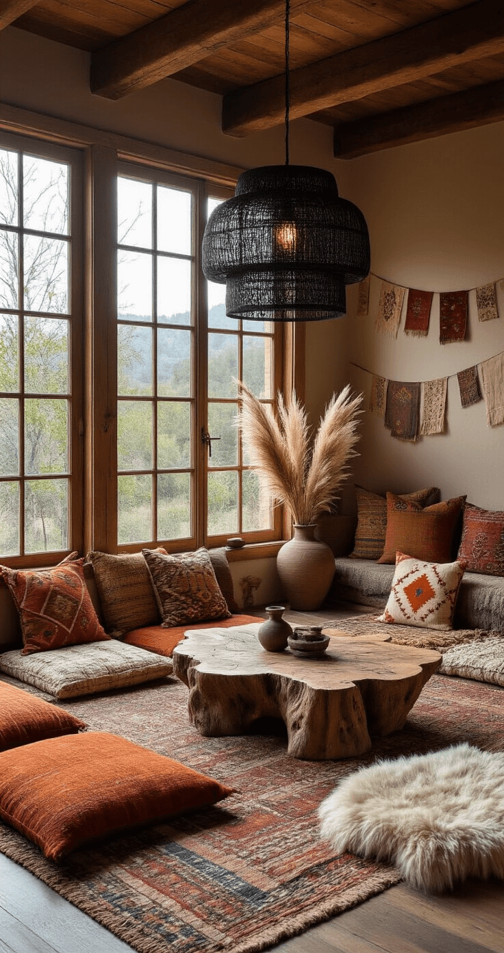 Cozy boho meditation corner at dusk featuring a low seating arrangement with handwoven floor cushions in rust, ochre, and cream, a massive elm root coffee table, a black rattan pendant lamp casting shadows, vintage mud cloth pillows, dried pampas grass in tall ceramic vases, Tibetan prayer flags across exposed beams, and sheepskin throws for added warmth.
