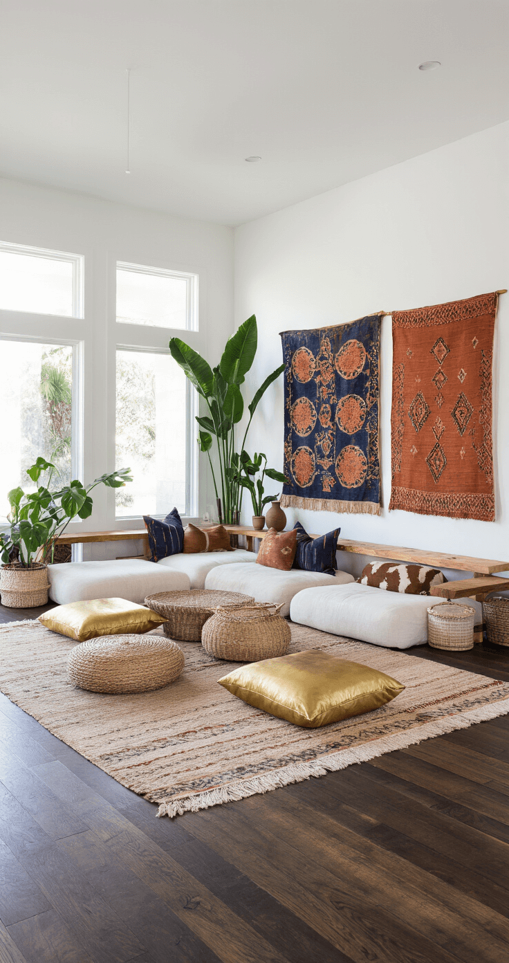 A sunlit modern boho great room with whitewashed walls and dark hardwood floors, featuring low-profile modular seating in natural linen, brass floor cushions, oversized abstract textile artworks in rust and indigo, a floating cedar shelf with vintage pottery, large bird of paradise plants in woven baskets, and a Moroccan wedding blanket as wall art.
