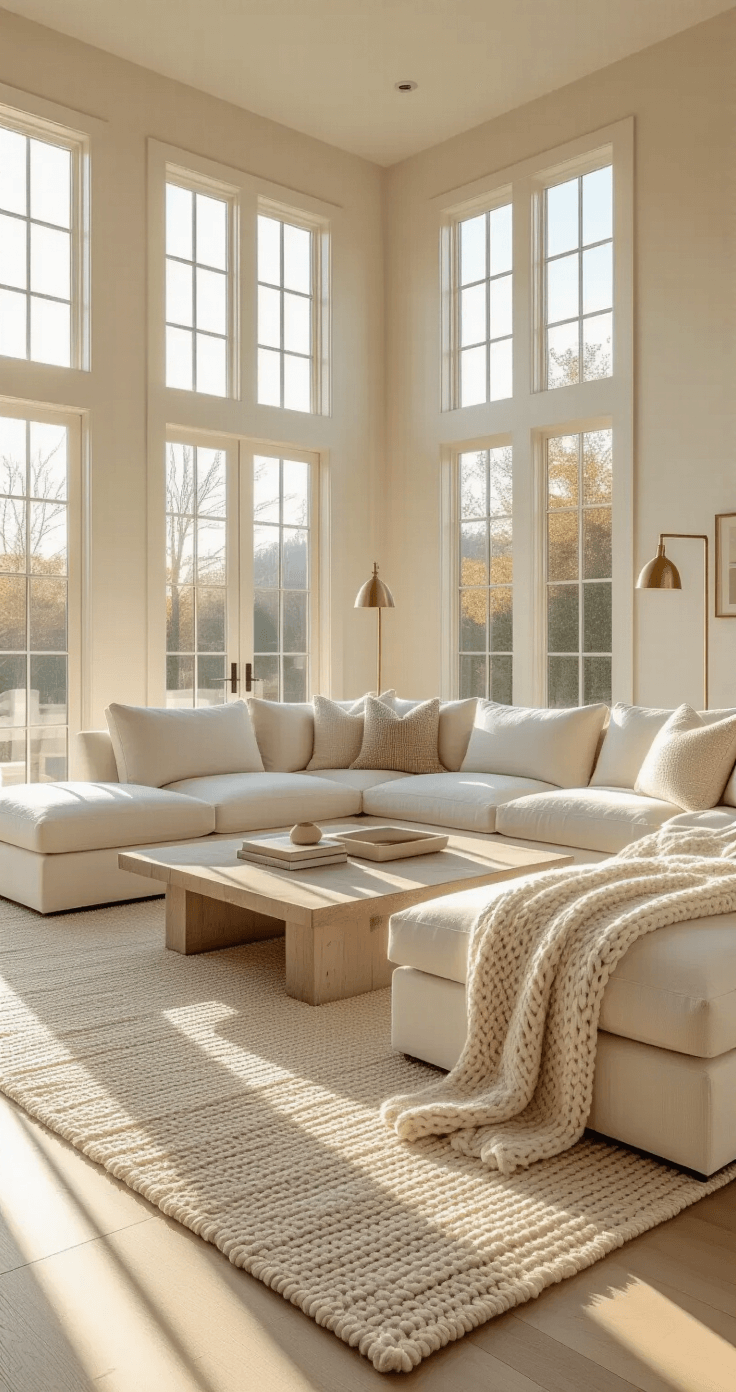 A spacious living room with cream walls and wide plank white oak flooring, featuring an oversized cream linen sectional, textured bouclé pillows, a chunky knit throw, a bleached wood coffee table, and twin brass floor lamps, all illuminated by golden hour light streaming through floor-to-ceiling windows.