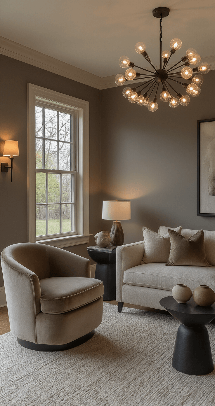 Intimate living space at dusk with warm ambient lighting, featuring Benjamin Moore Revere Pewter walls, greige and taupe furnishings, a mushroom grey velvet accent chair, a natural linen sofa, and blackened bronze accent tables adorned with ceramic vessels, all highlighting a luxurious material mix and dramatic shadows.