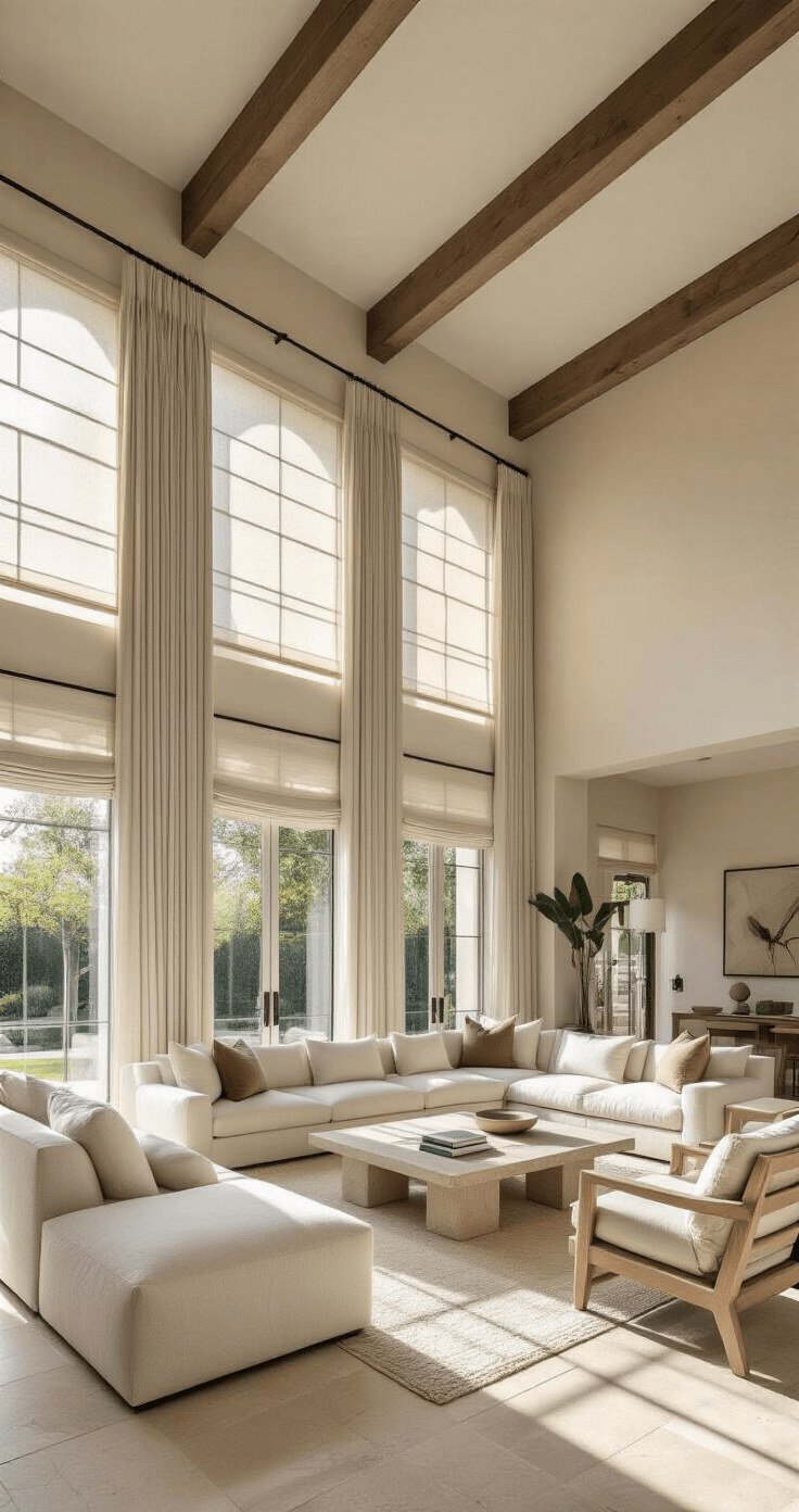 A sunlit contemporary living room with a 12ft ceiling and exposed wooden beams, featuring a monochromatic scheme with an ivory bouclé sectional, bleached oak armchairs, and a travertine coffee table, highlighting geometric shadows on limestone flooring, layered window treatments, and rich textures.