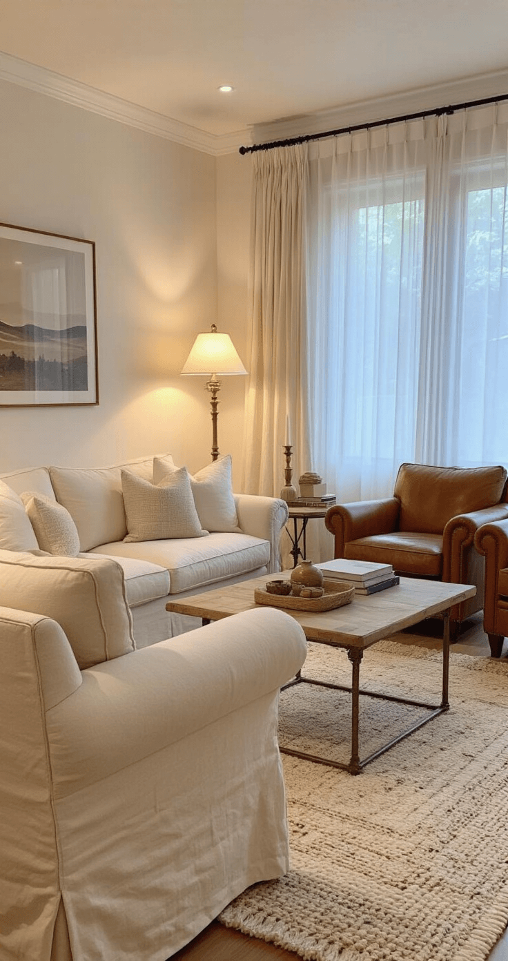 A cozy living room at twilight with translucent drapes filtering light, cream and champagne walls, a slipcovered Belgian linen sofa facing cognac leather armchairs, vintage brass floor lamps, and a hand-knotted Moroccan rug.