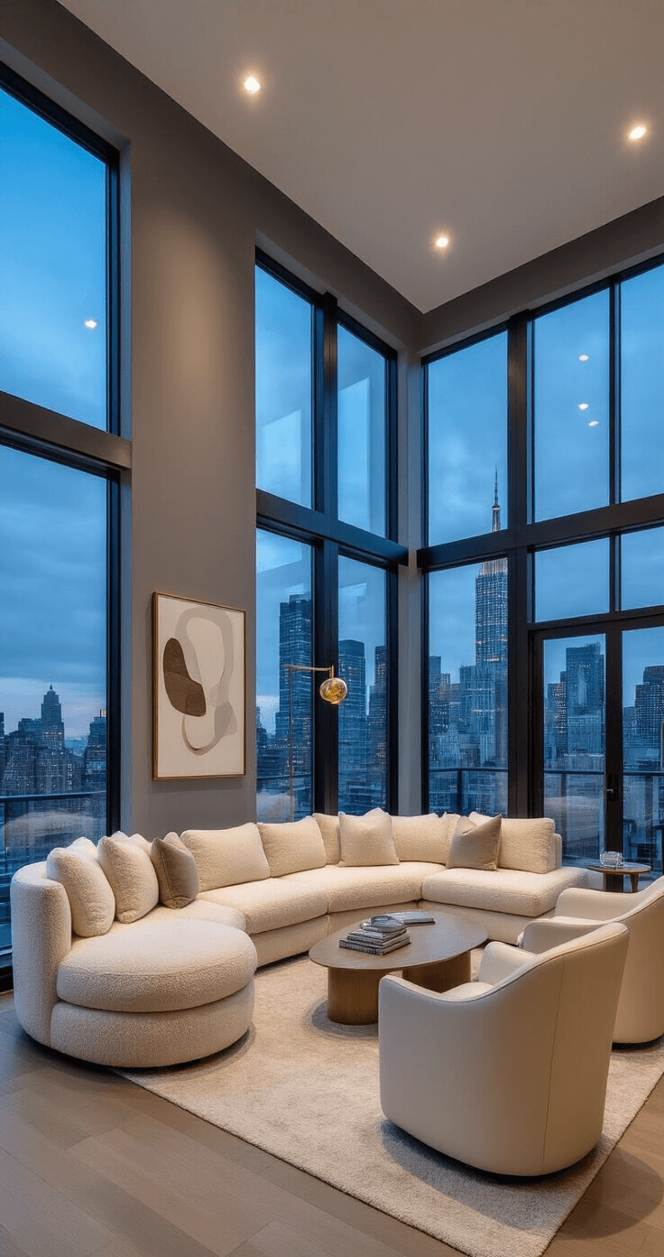 A modern open-concept living space with city views, featuring floor-to-ceiling windows, a cream bouclé modular sofa, curved vanilla leather accent chairs, brushed brass lighting, and abstract neutral art, photographed during blue hour.