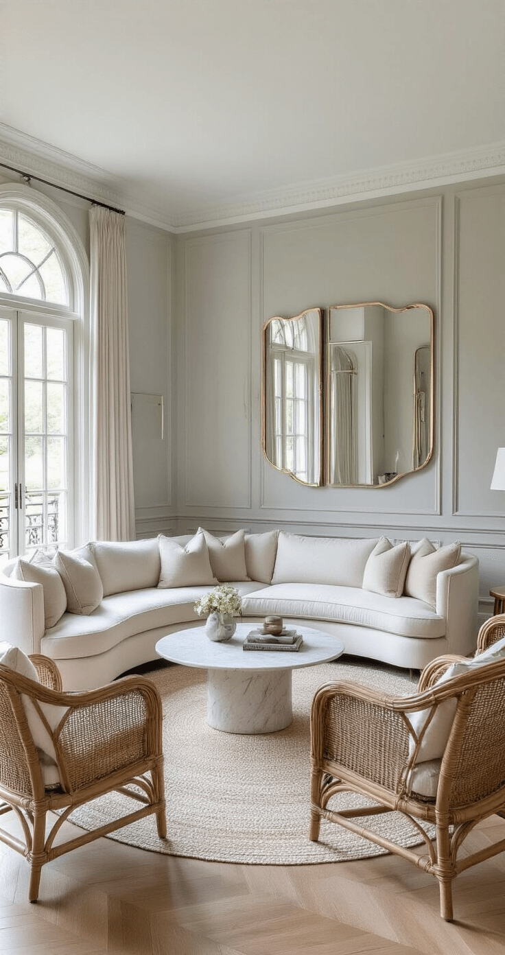 Elegant living room featuring Sherwin Williams Agreeable Gray walls, European oak herringbone floors, an ivory velvet curved sofa, woven rattan chairs, and a marble coffee table, all illuminated by filtered natural light, with vintage mirrors and metallic accents enhancing the luxurious atmosphere.